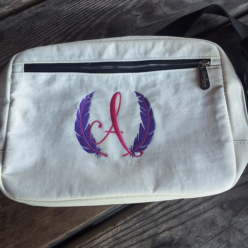 Thirty-One White Crossbody Bag with Purple and Pink Embroidery